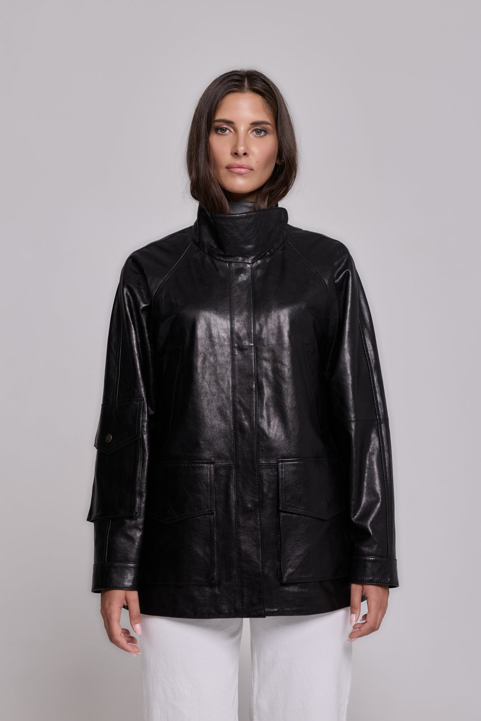 Army Leather Parka Black-Beige
