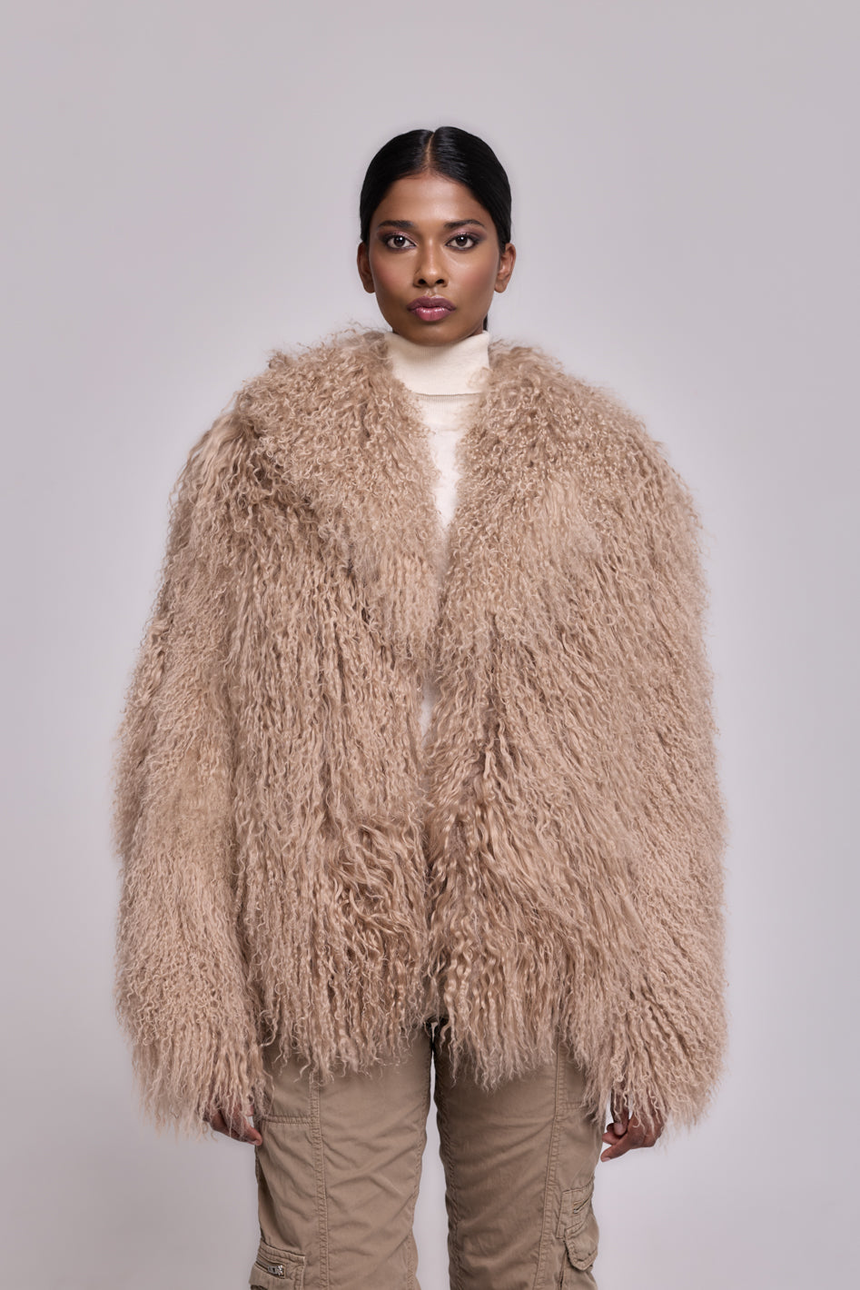 Manteau en peau de mouton Mongolie Beige