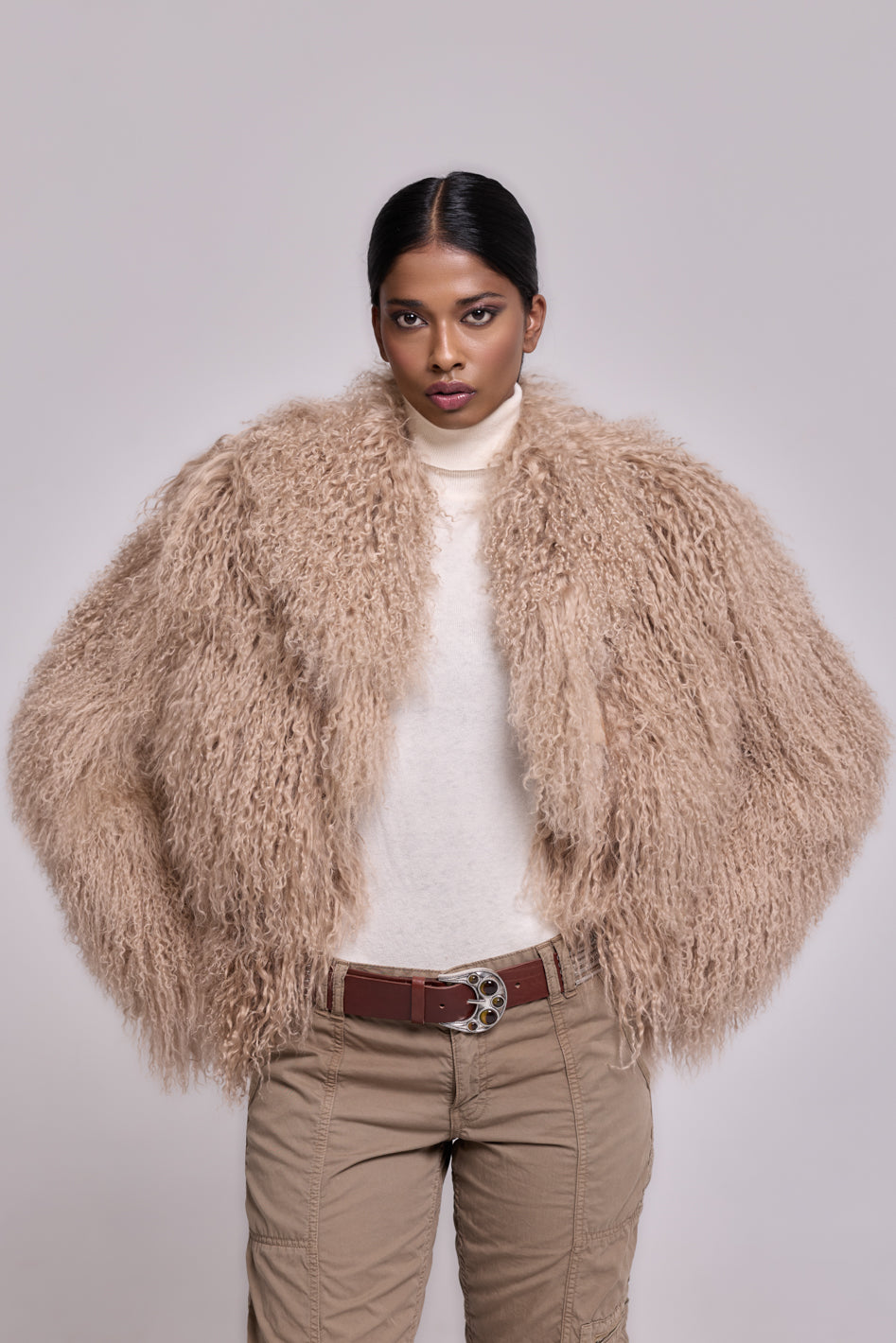 Manteau en peau de mouton Mongolie Beige