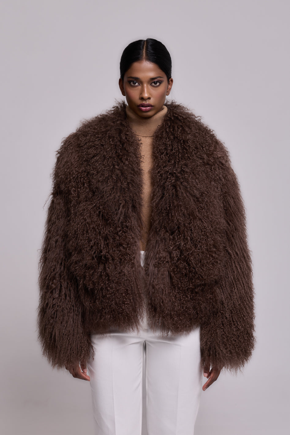 Manteau en peau de mouton mongole café
