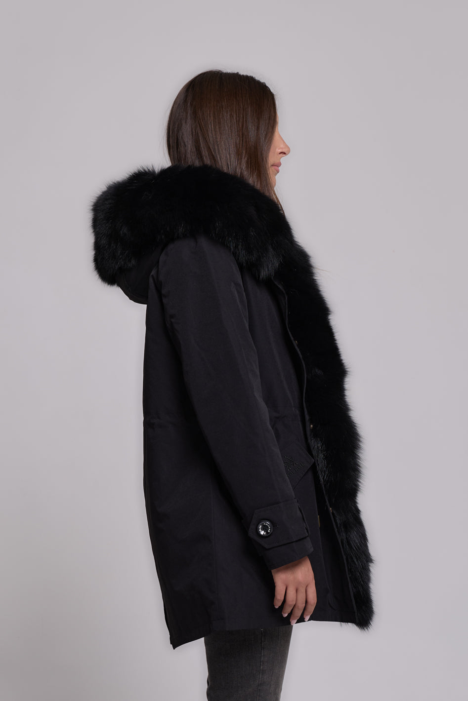 Long black waterproof technical cotton parka