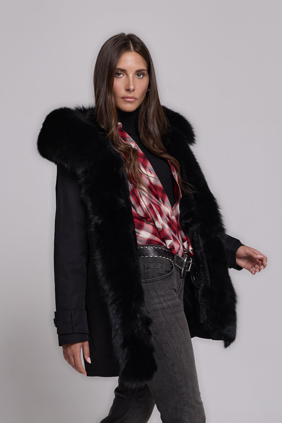 Long black waterproof technical cotton parka