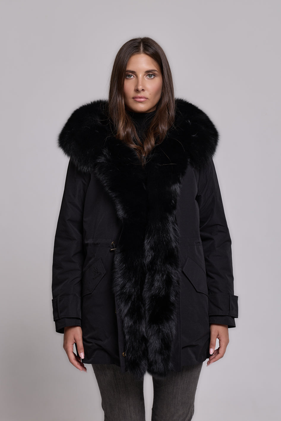 Long black waterproof technical cotton parka
