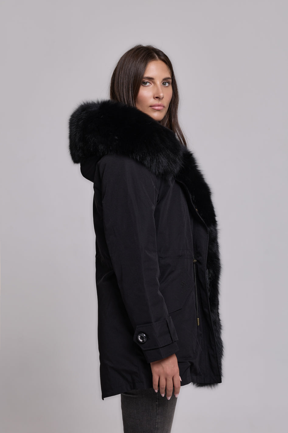 Long black waterproof technical cotton parka