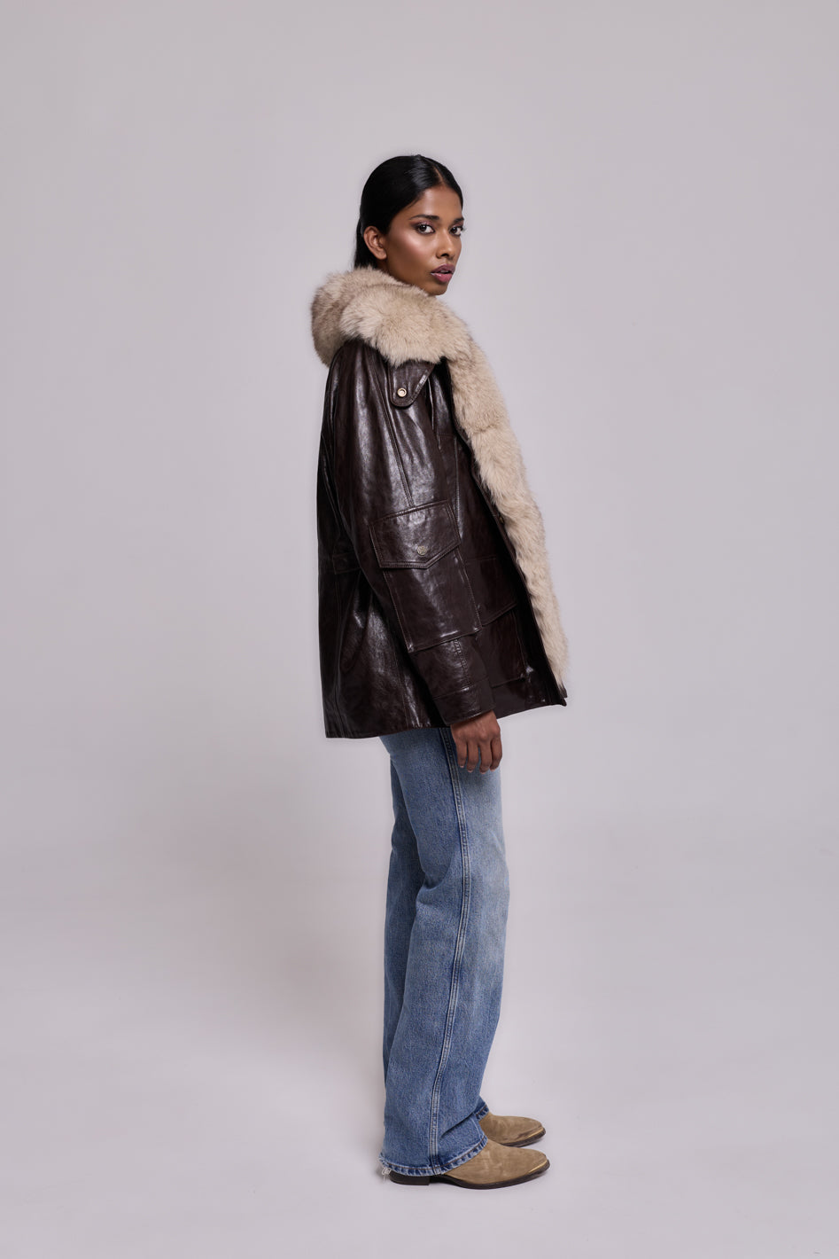 Army Leather Parka Brown-Beige
