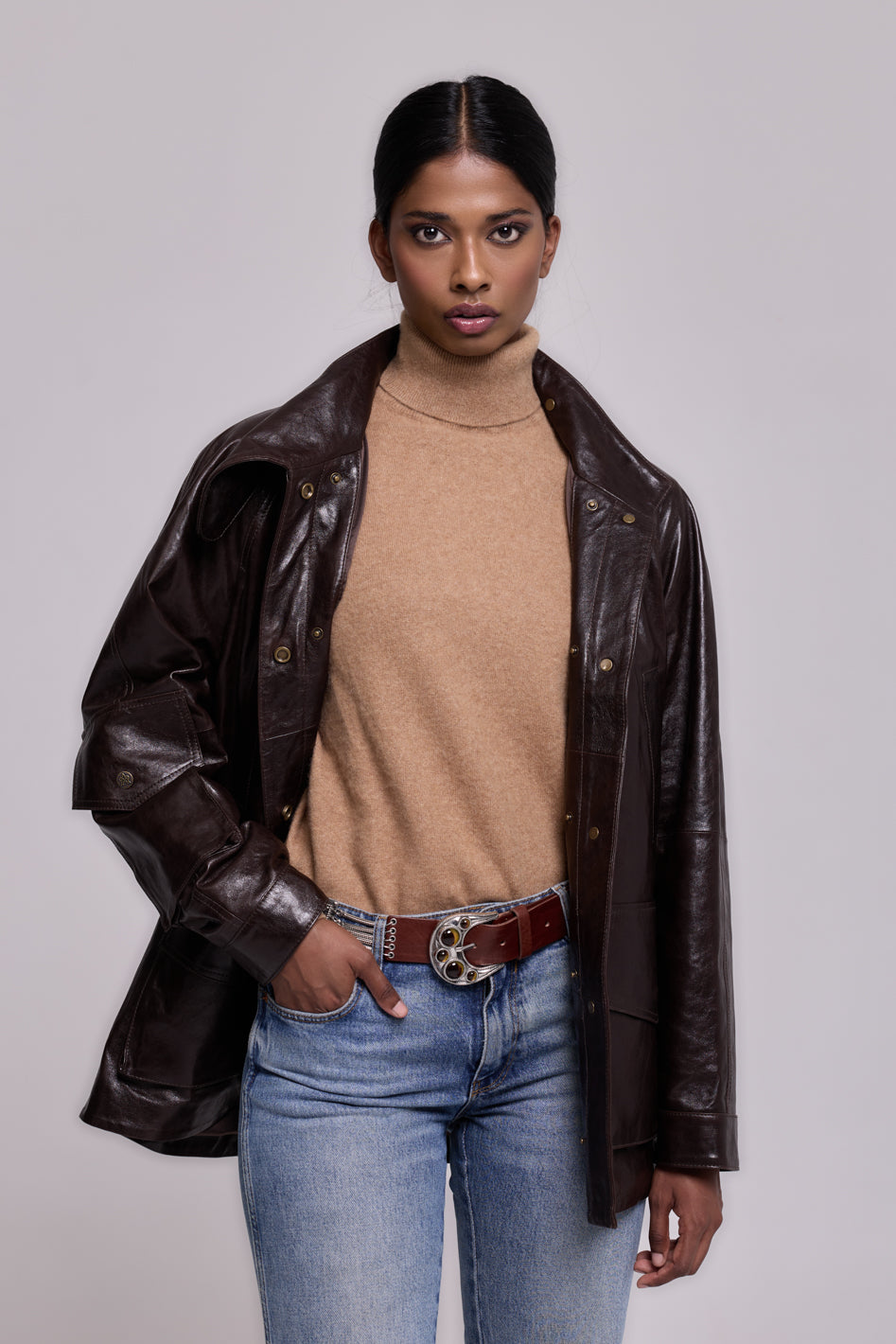 Army Leather Parka Brown-Beige
