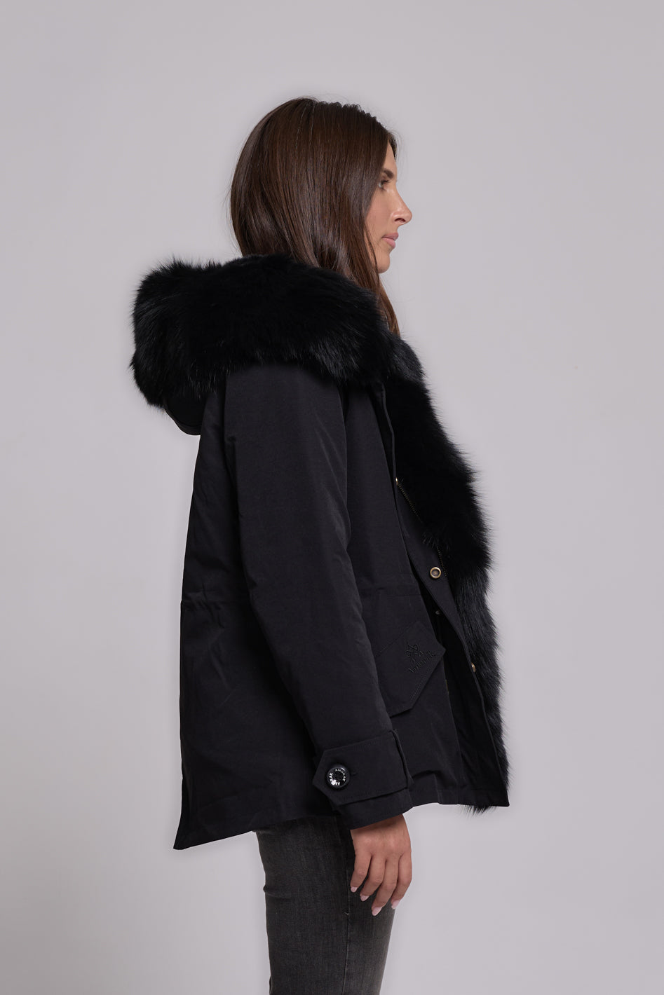 Short black waterproof technical cotton parka