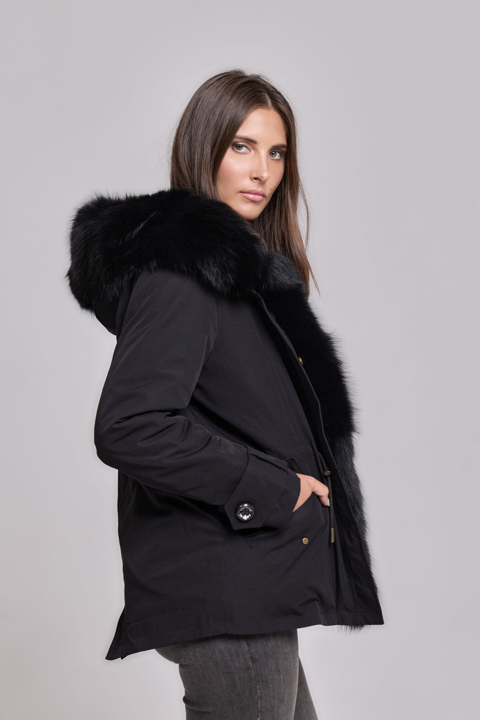 Short black waterproof technical cotton parka