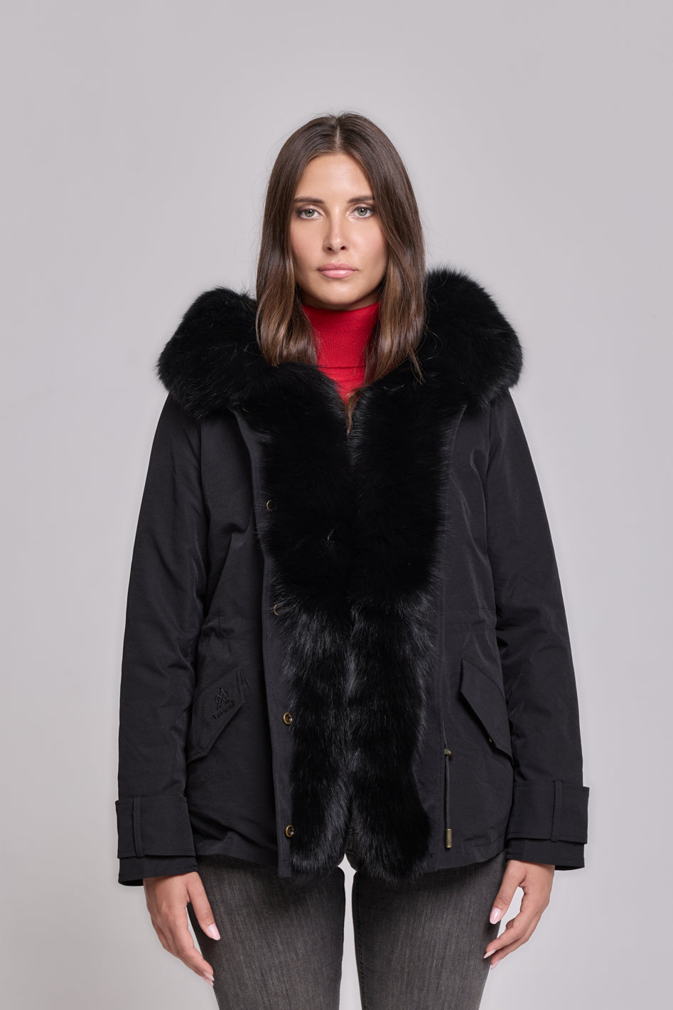 Short black waterproof technical cotton parka