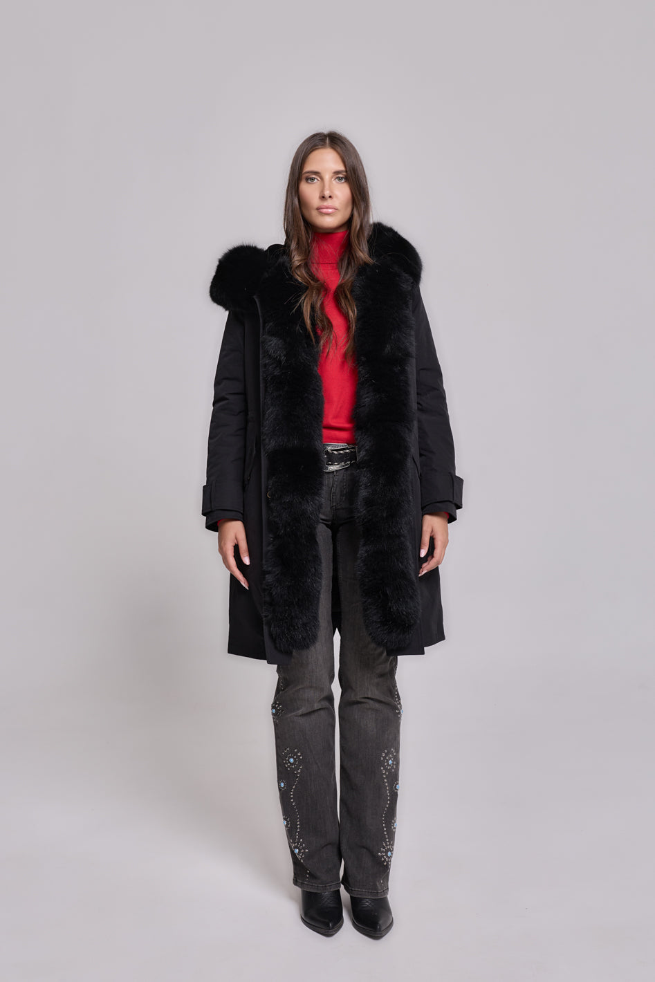 X-long black waterproof technical cotton parka