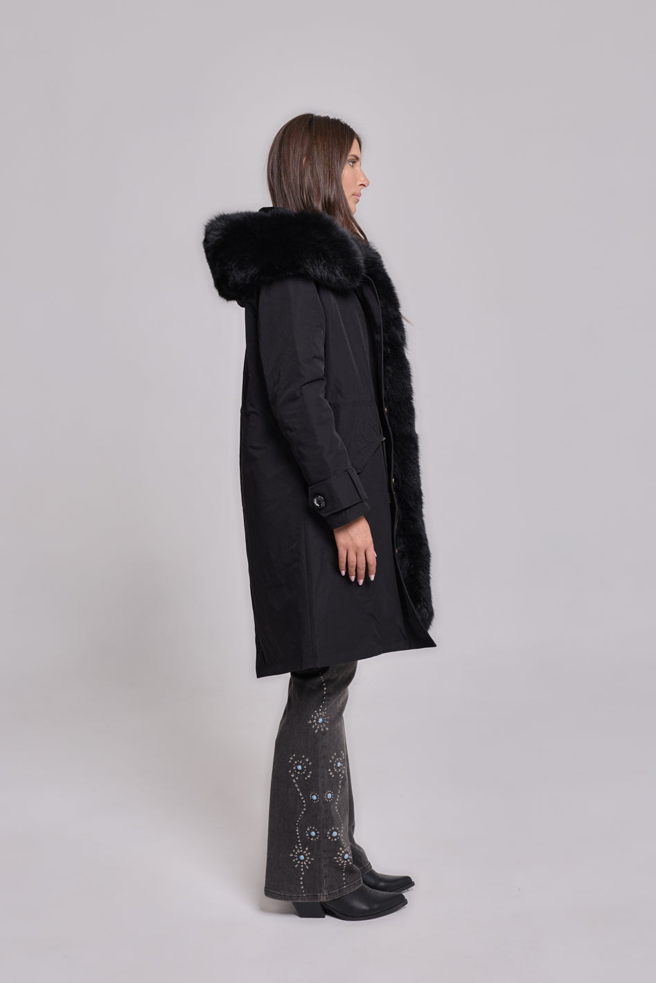 X-long black waterproof technical cotton parka
