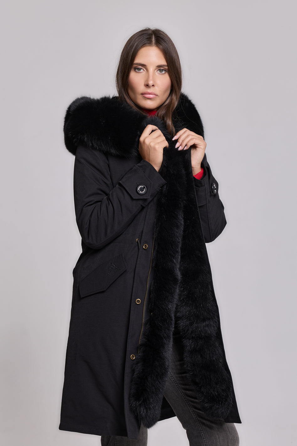 X-long black waterproof technical cotton parka