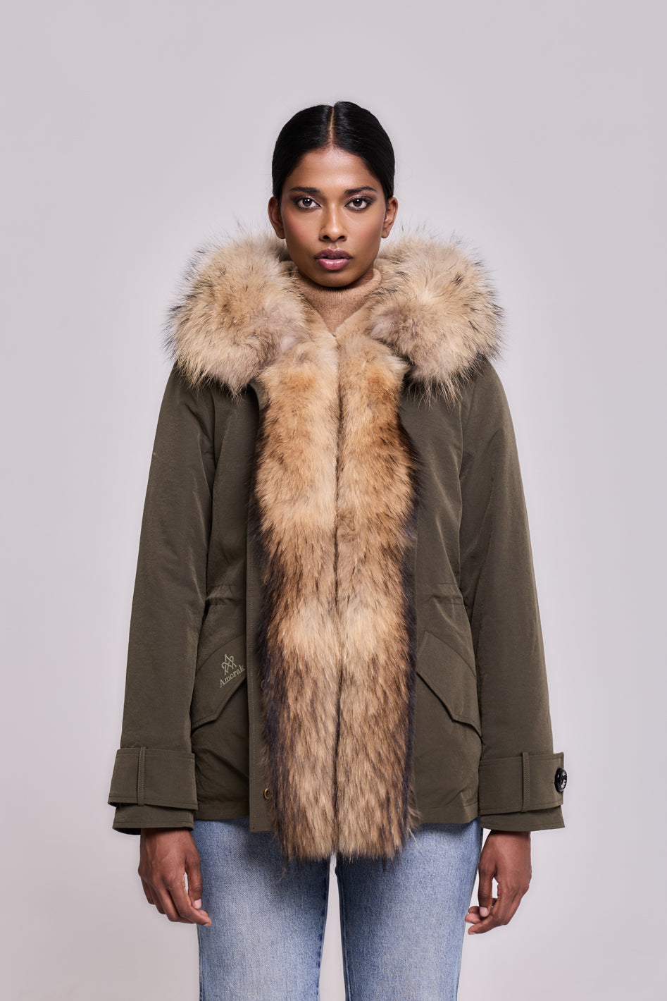 Short raccoon waterproof technical cotton parka