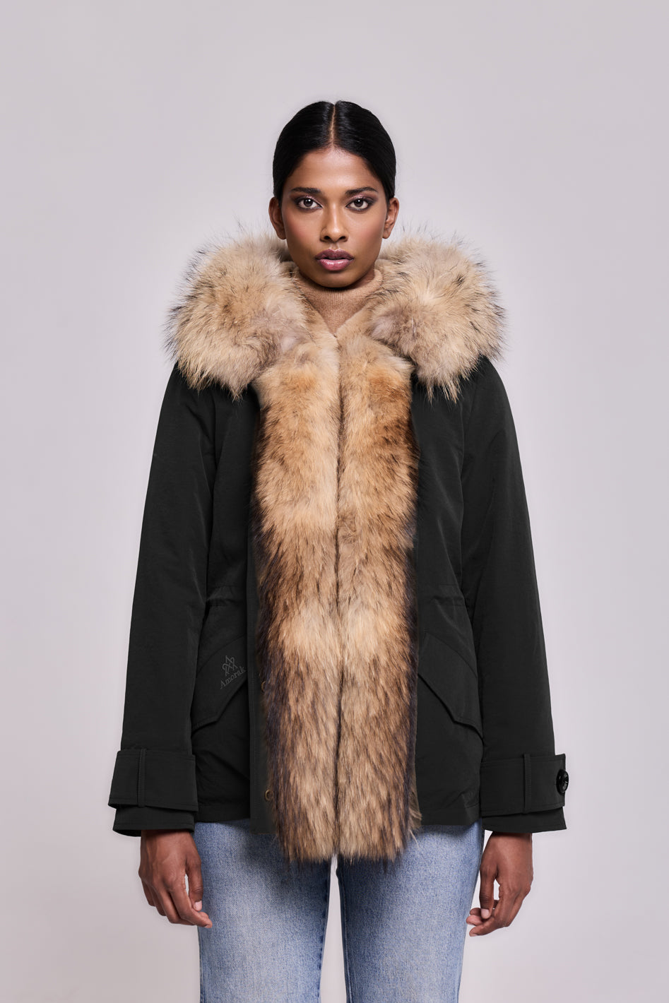 Short raccoon waterproof technical cotton parka