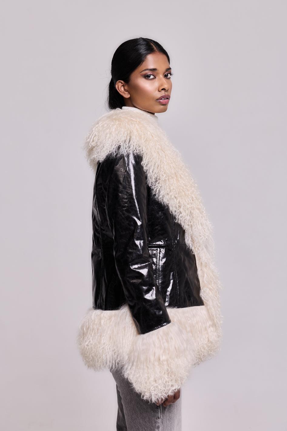Mongolia Oil Leather Jacket – Black & Cream
