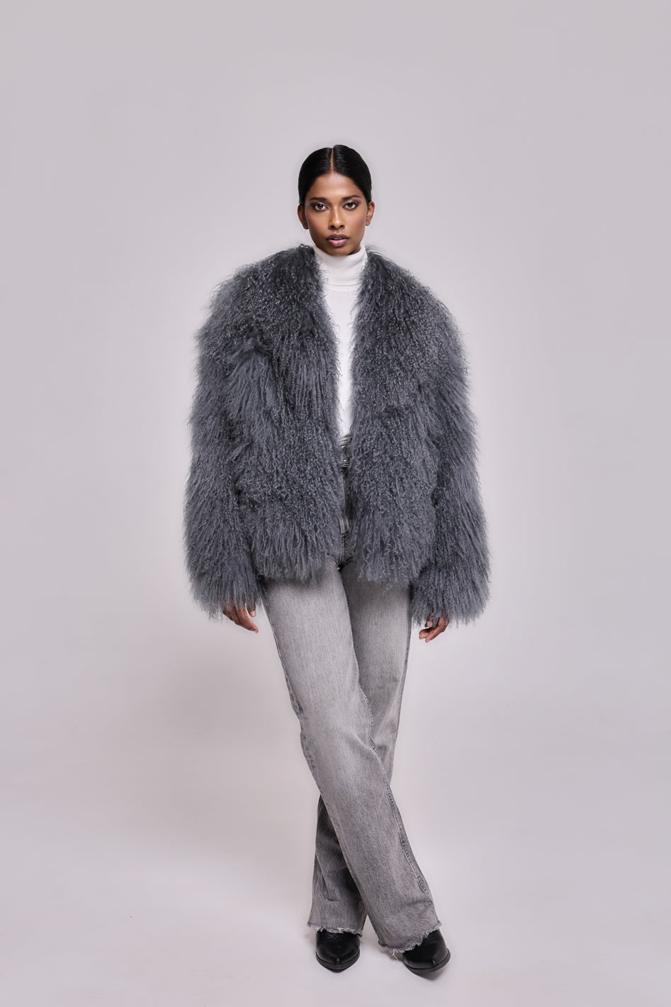 Manteau en peau de mouton de Mongolie GRIS