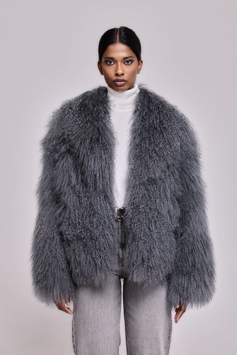 Manteau en peau de mouton de Mongolie GRIS