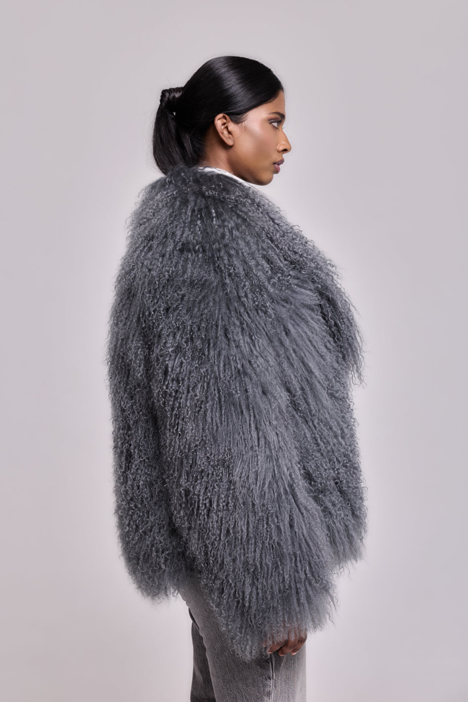 Manteau en peau de mouton de Mongolie GRIS