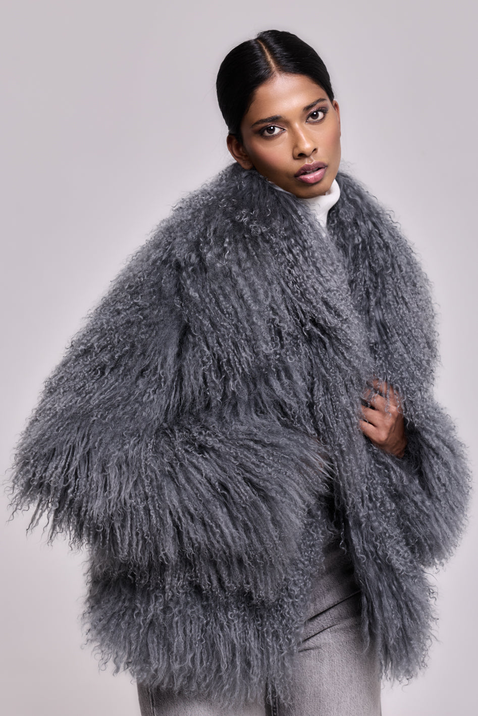 Manteau en peau de mouton de Mongolie GRIS