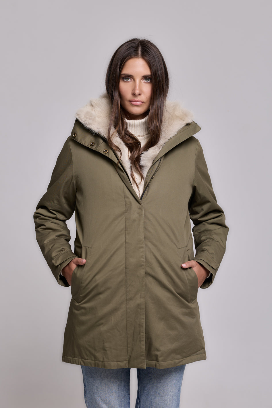 Elegant BEIGE Parka with High Collar and Removable Fur Vest