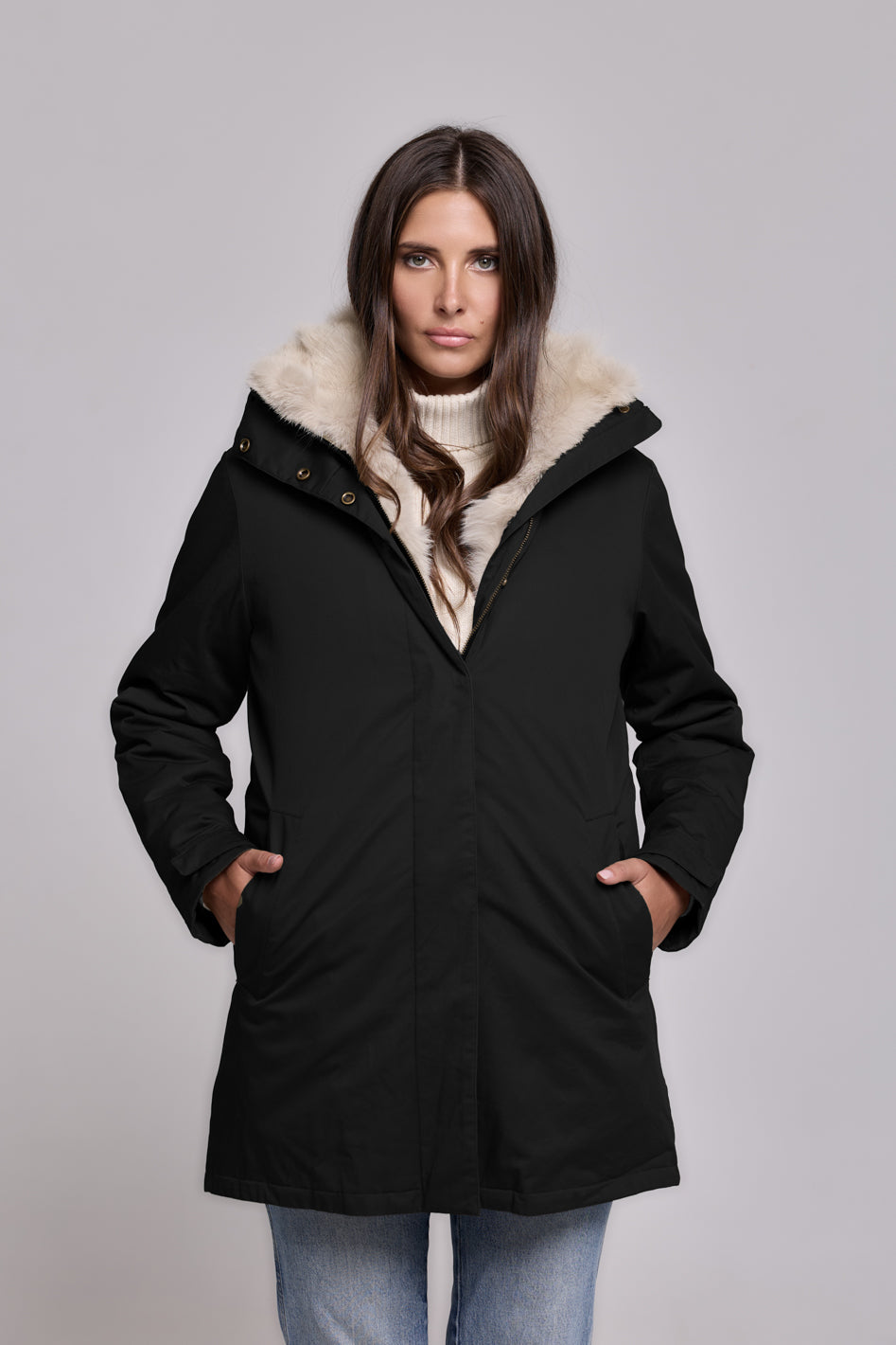 Elegant BEIGE Parka with High Collar and Removable Fur Vest