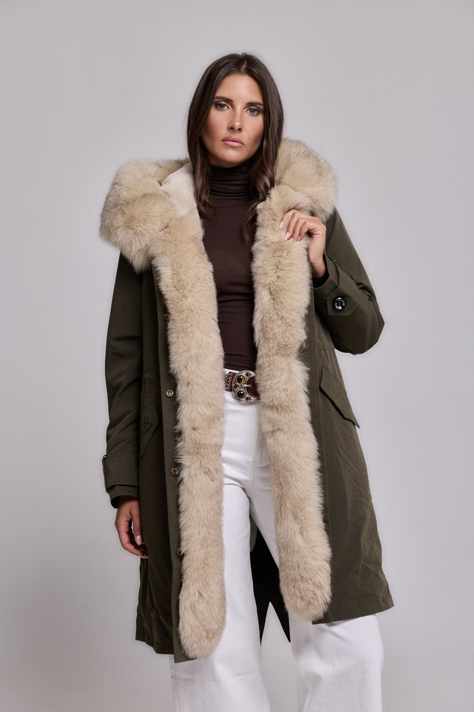 Beige X-long waterproof technical cotton parka