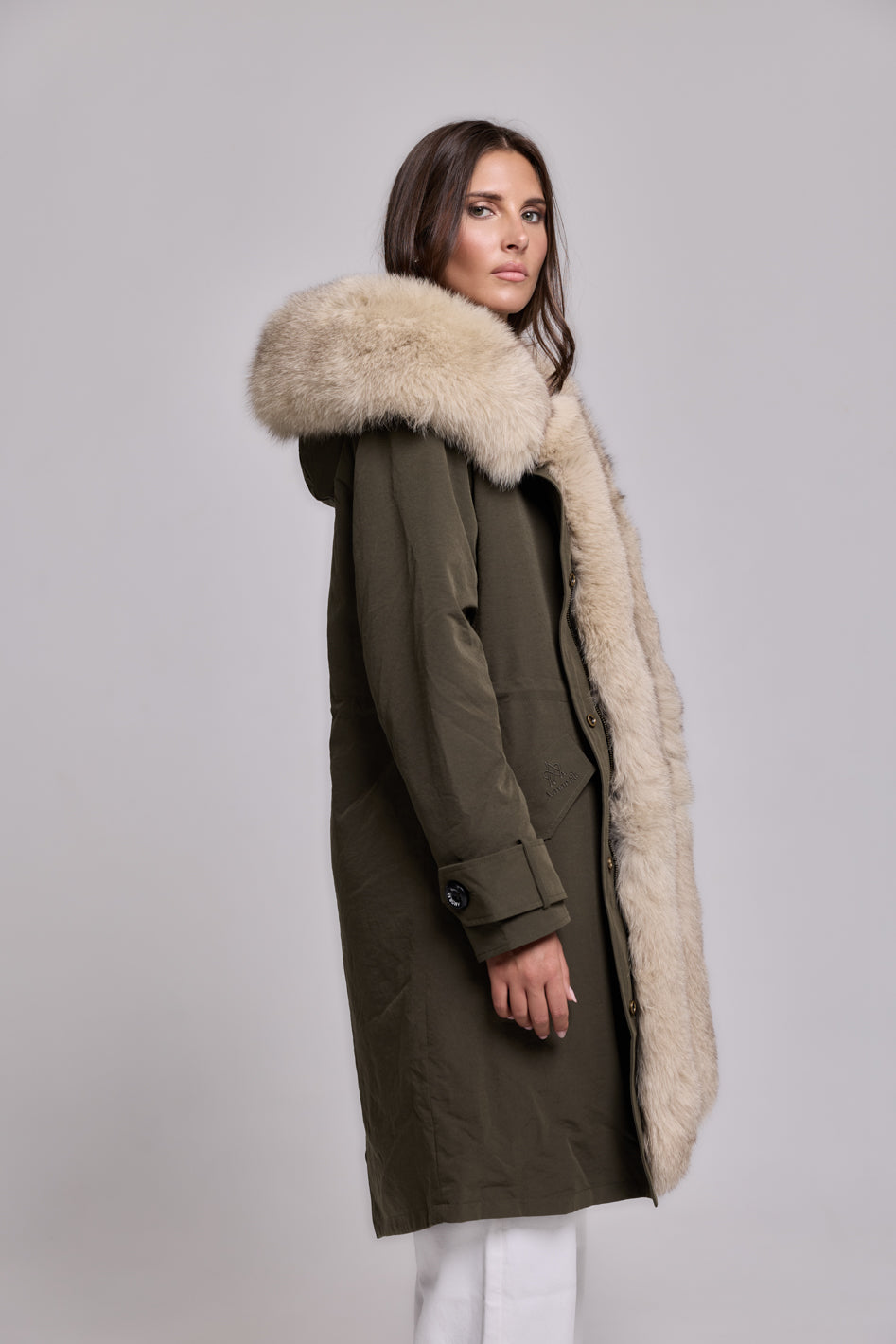 Beige X-long waterproof technical cotton parka