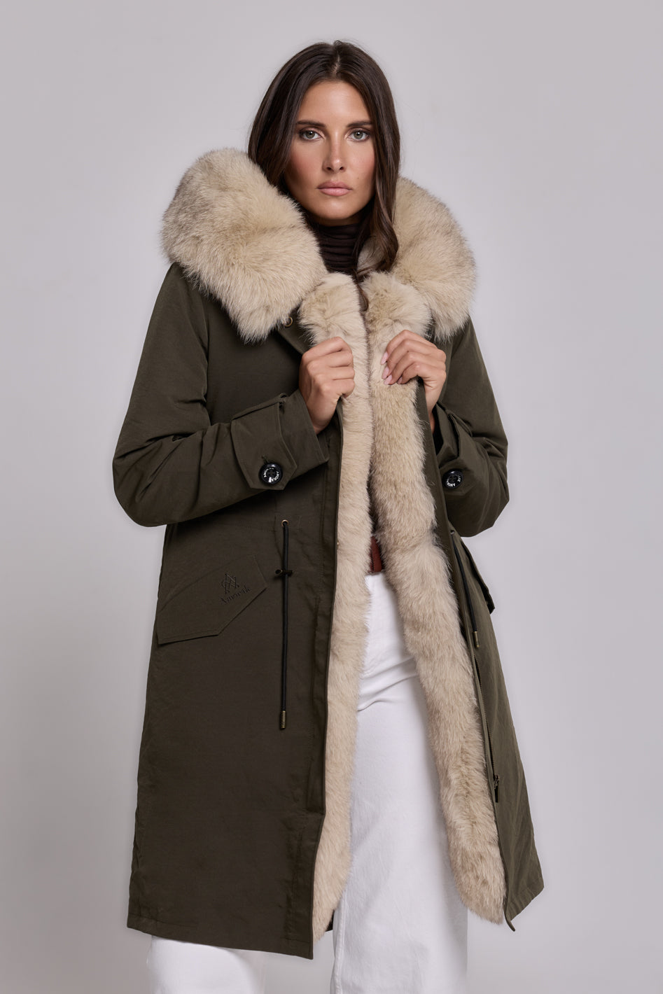 Beige X-long waterproof technical cotton parka