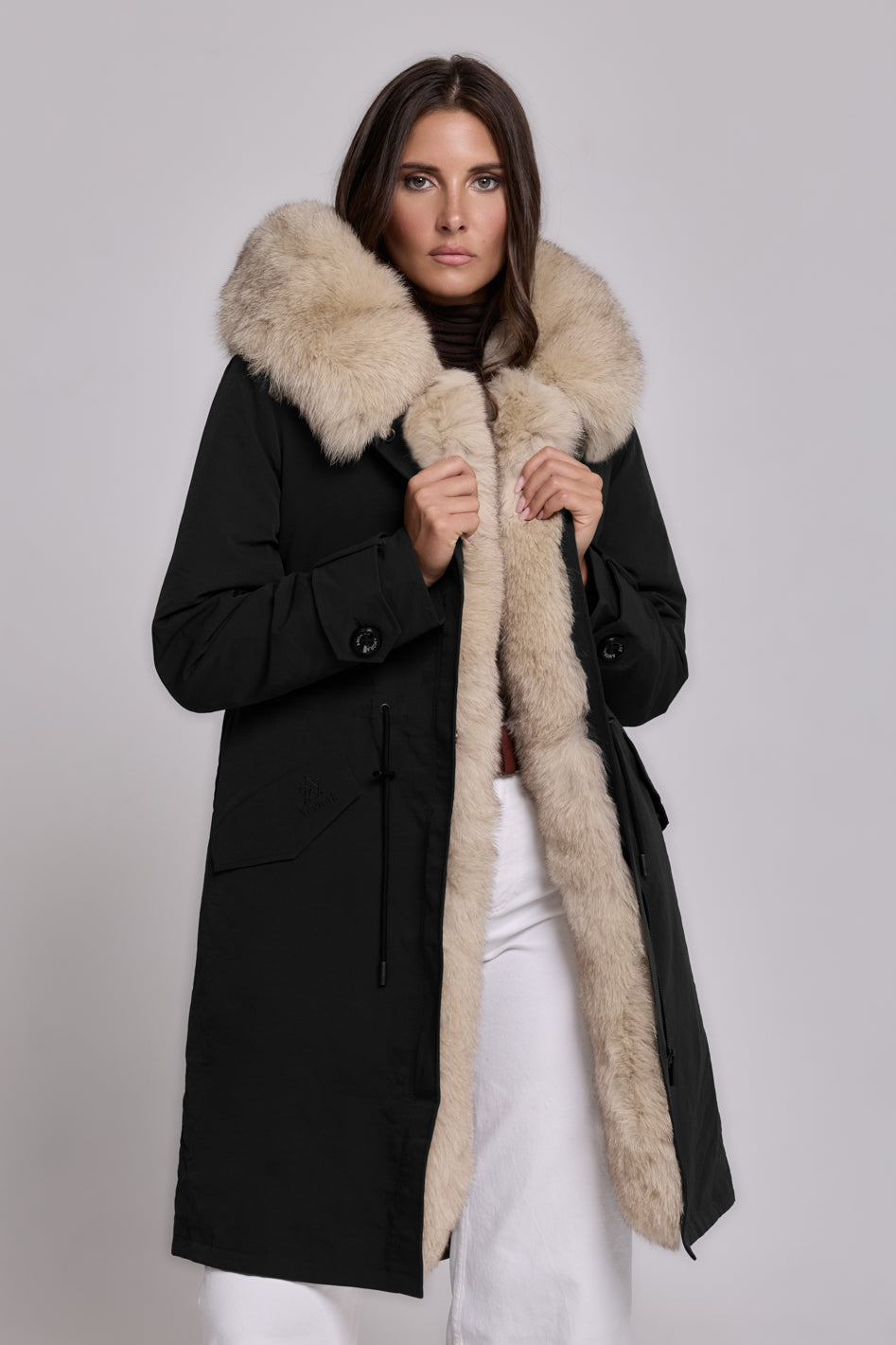 Beige X-long waterproof technical cotton parka