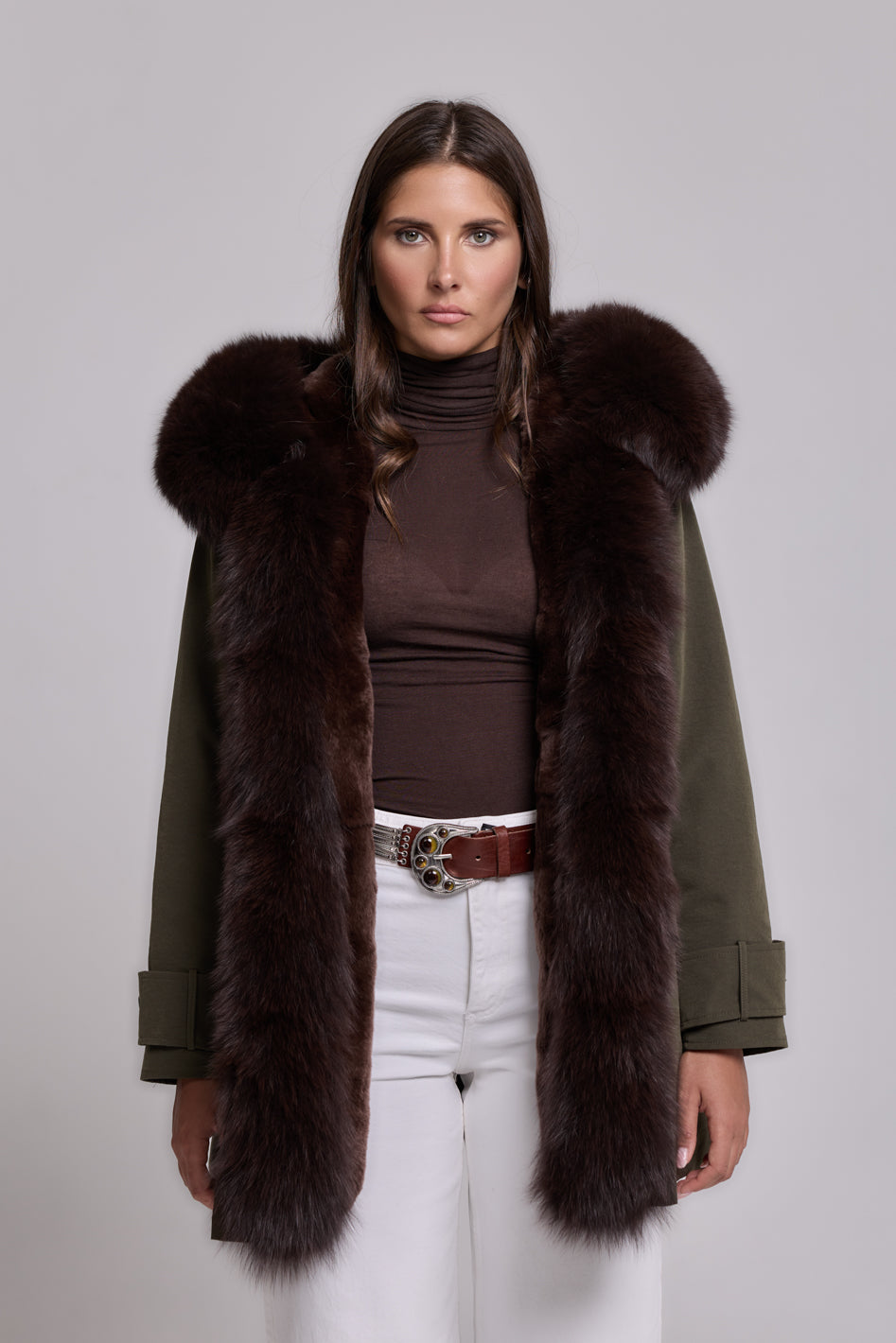 Long Brown waterproof technical cotton parka