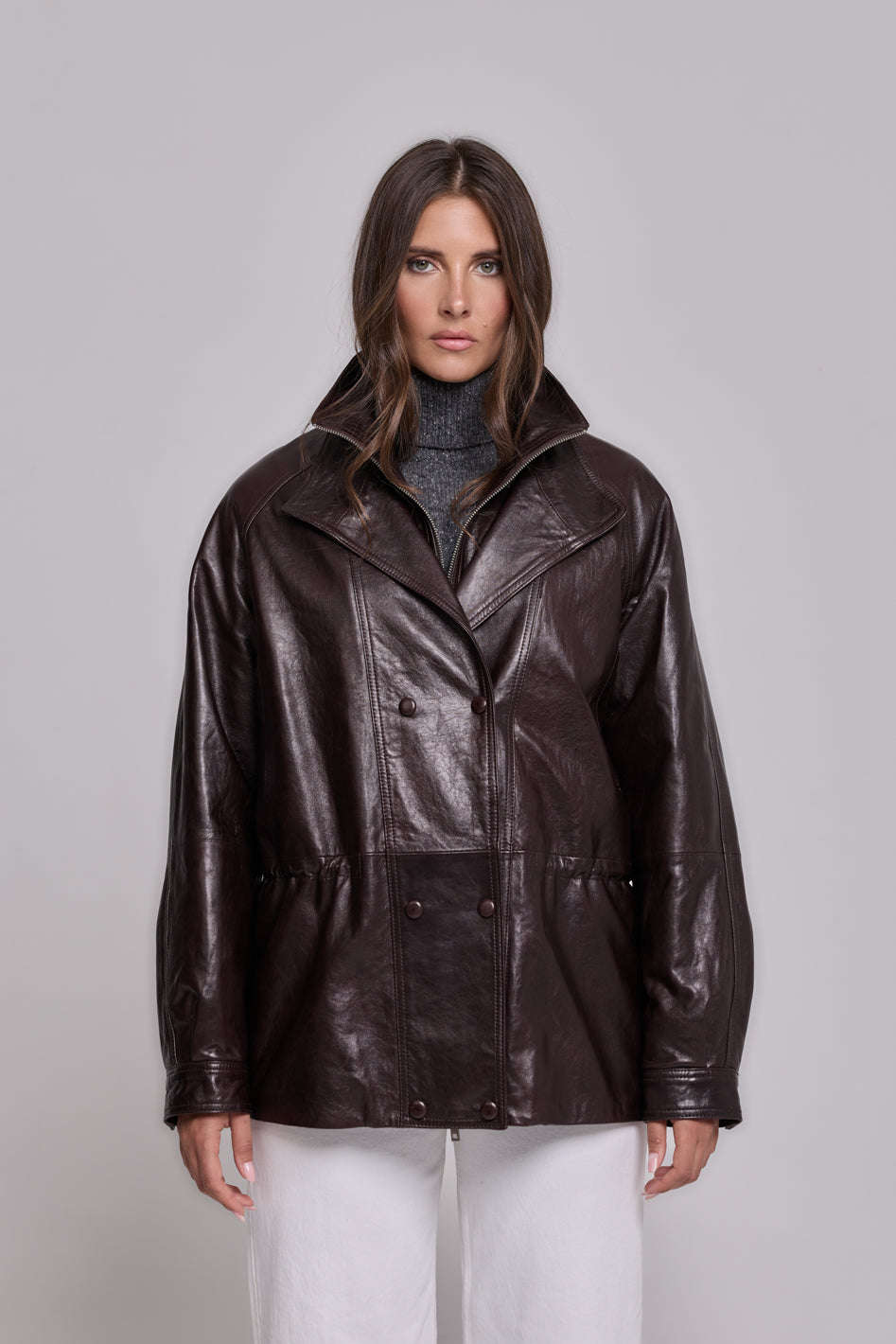 Double-breasted jacket Oil leather-Brown