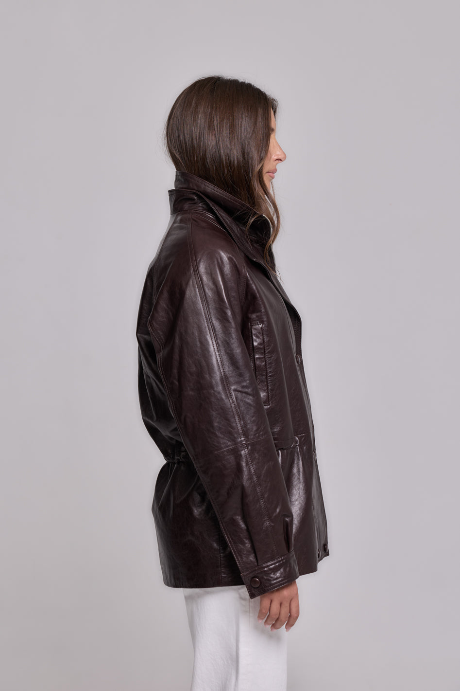 Double-breasted jacket Oil leather-Brown