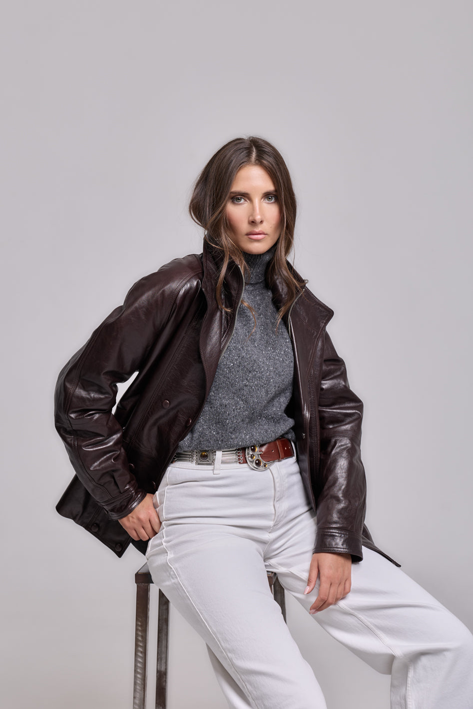 Double-breasted jacket Oil leather-Brown