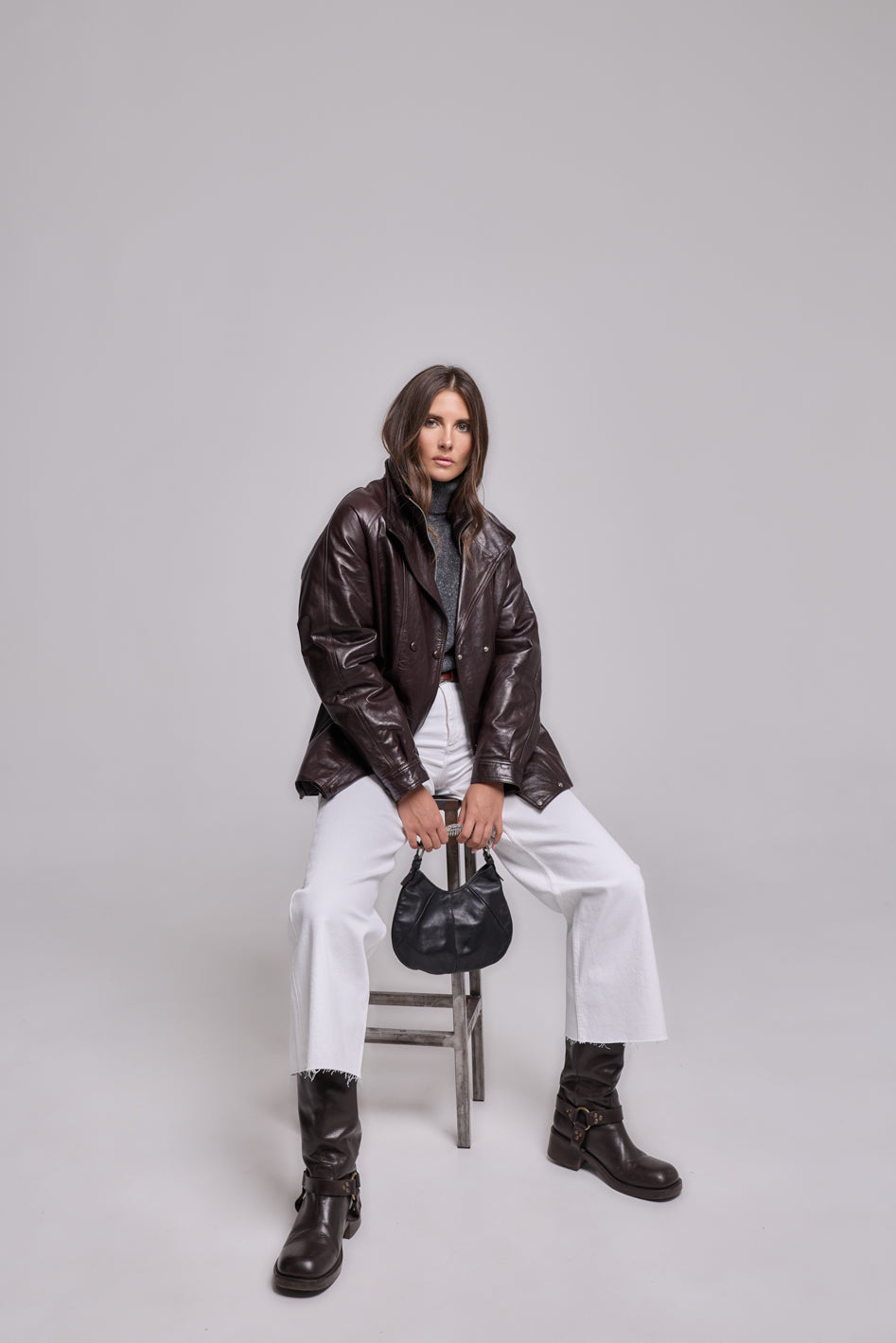 Double-breasted jacket Oil leather-Brown