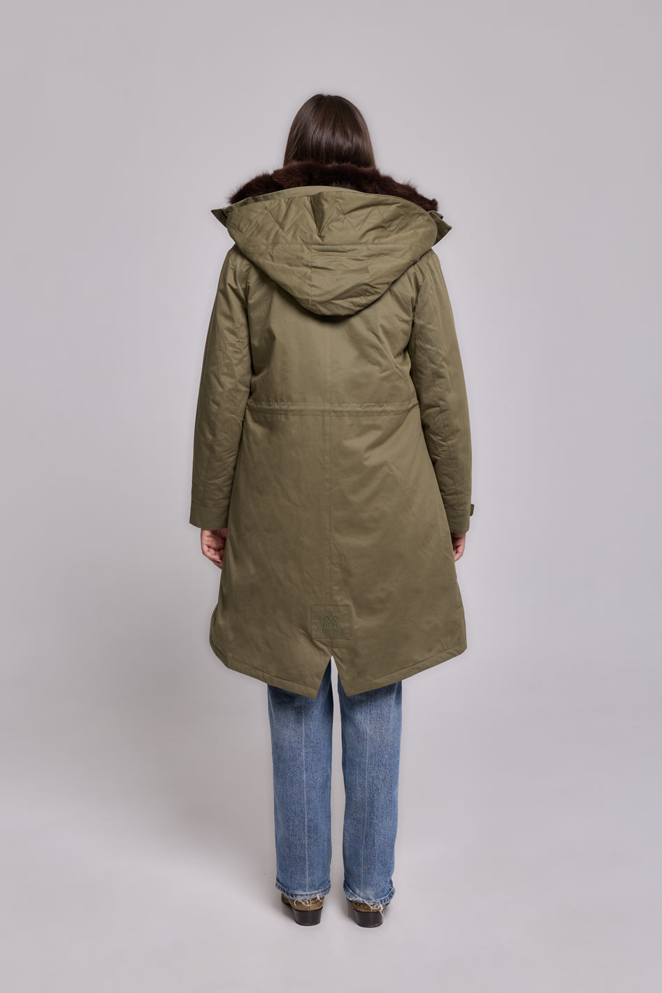 Elegant BROWN x-long parka with high collar and removable fur vest