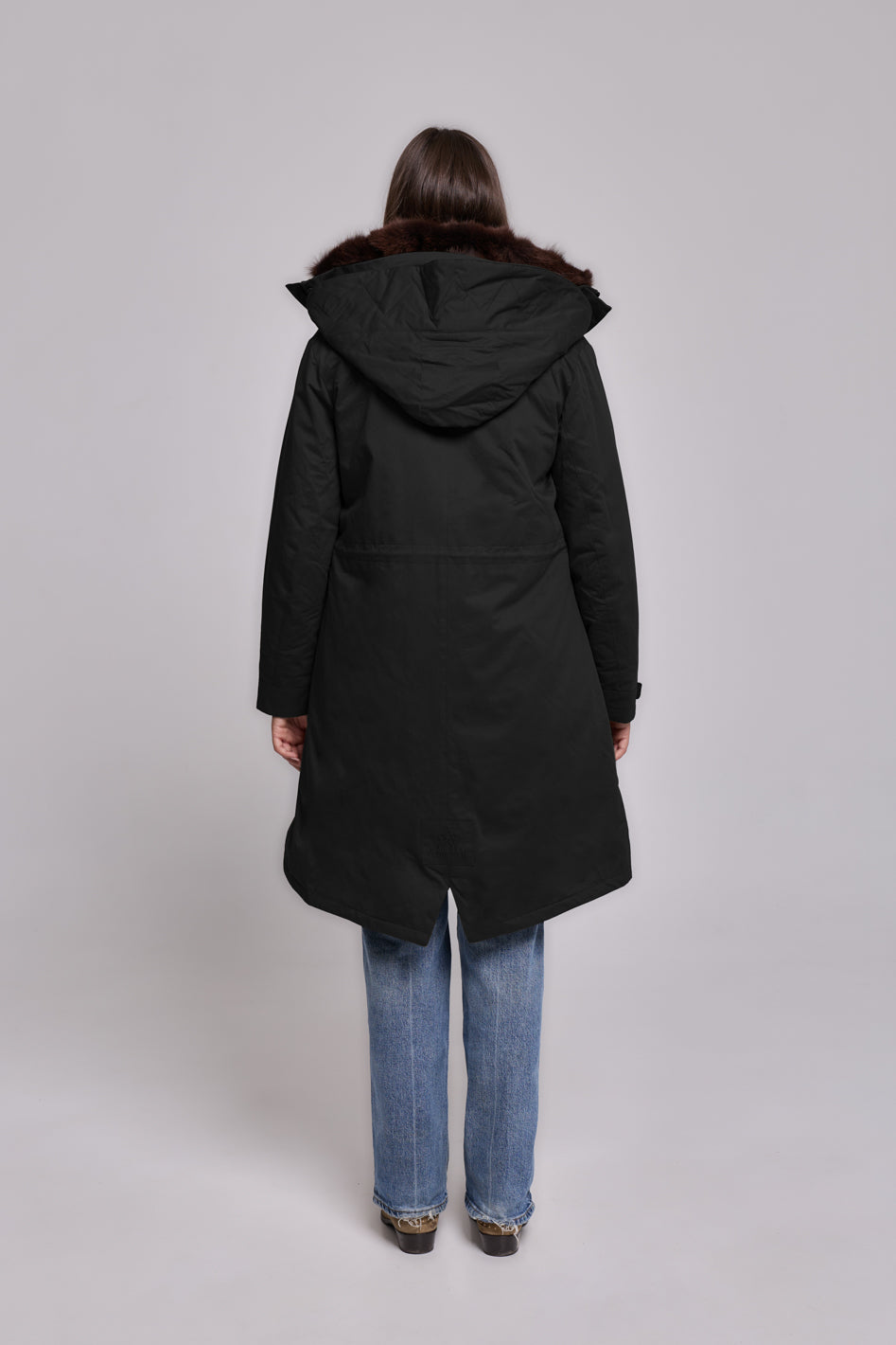 Elegant BROWN x-long parka with high collar and removable fur vest