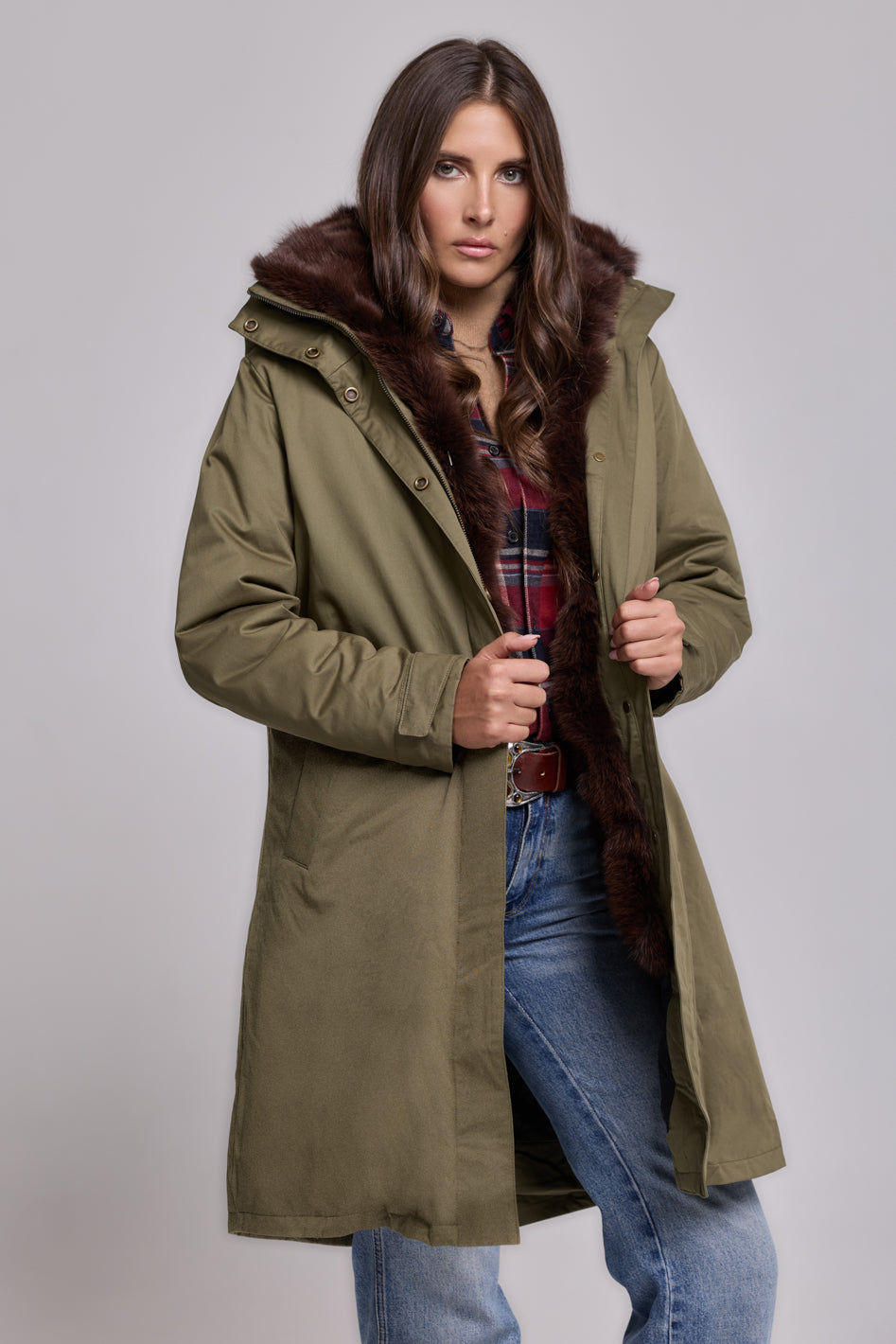 Elegant BROWN x-long parka with high collar and removable fur vest