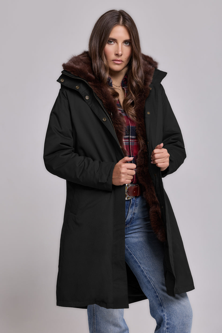 Elegant BROWN x-long parka with high collar and removable fur vest