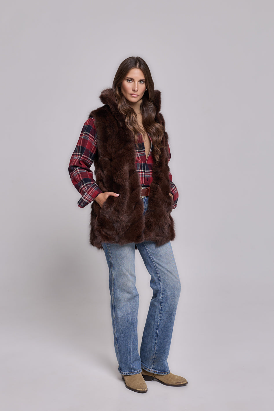 Elegant BROWN Parka with High Collar and Removable Fur Vest