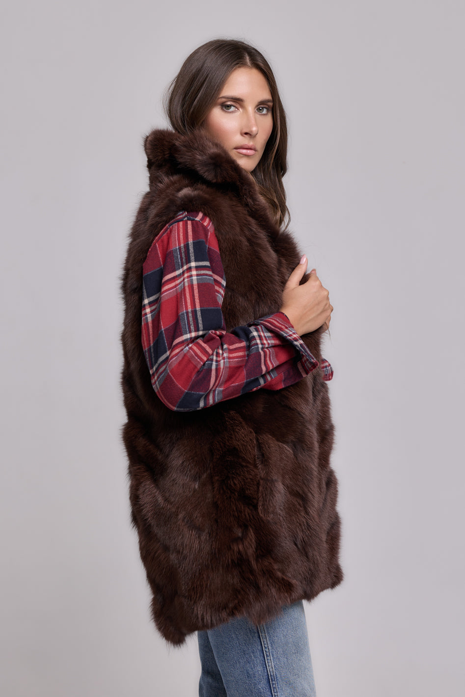 Elegant BROWN Parka with High Collar and Removable Fur Vest