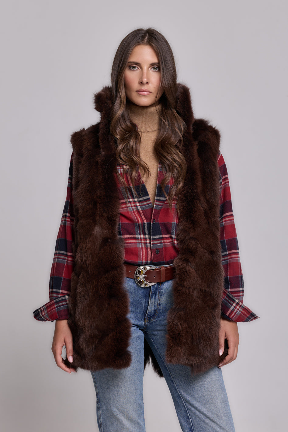 Elegant BROWN Parka with High Collar and Removable Fur Vest
