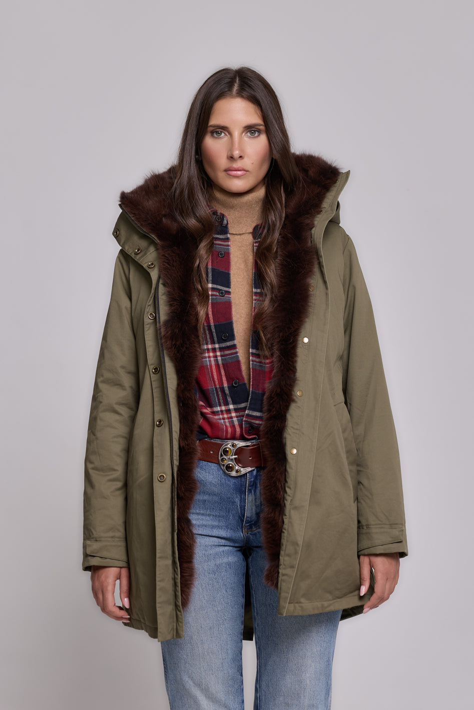 Elegant BROWN Parka with High Collar and Removable Fur Vest