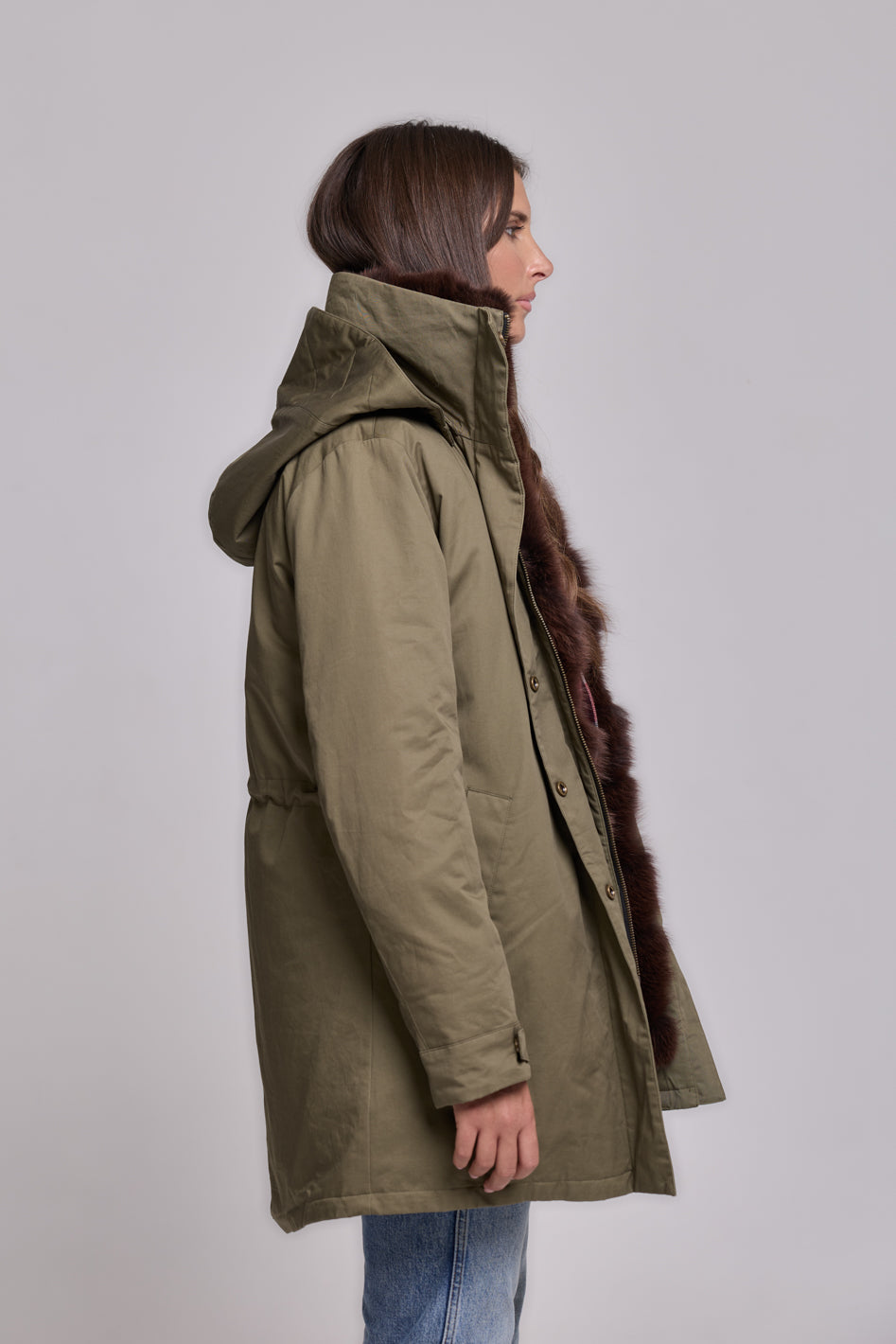 Elegant BROWN Parka with High Collar and Removable Fur Vest