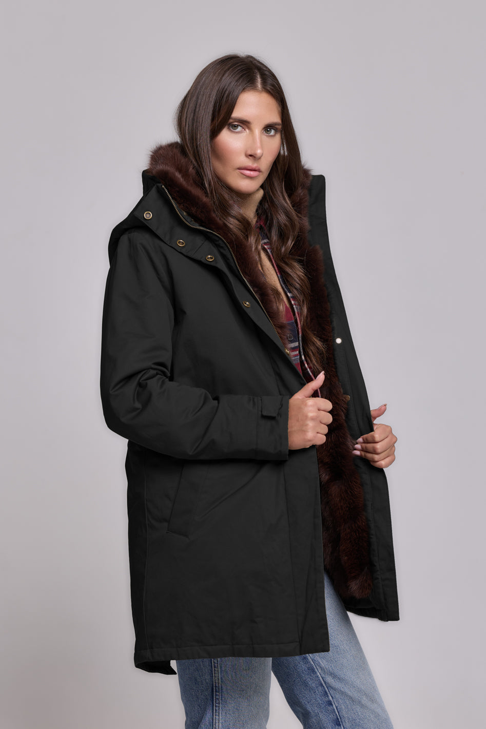 Elegant BROWN Parka with High Collar and Removable Fur Vest