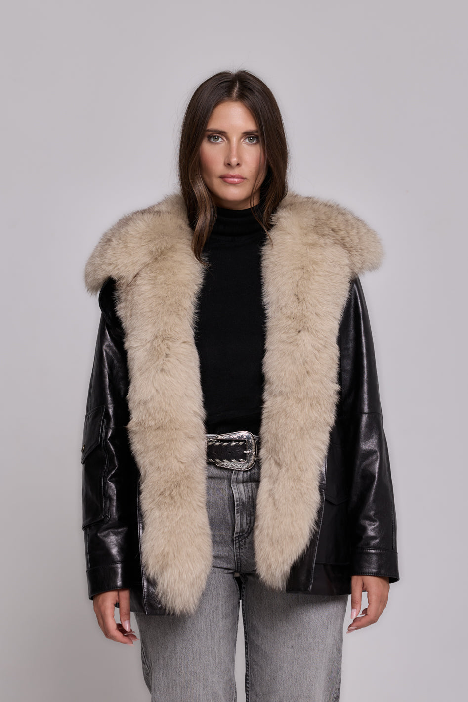 Army Leather Parka Black-Beige