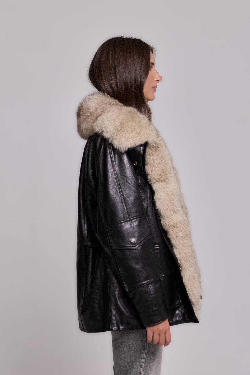 Army Leather Parka Black-Beige