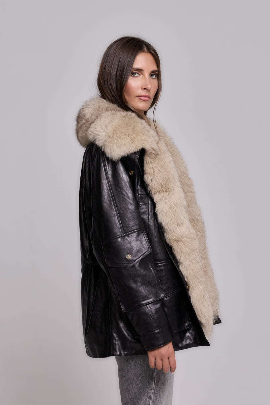Army Leather Parka Black-Beige