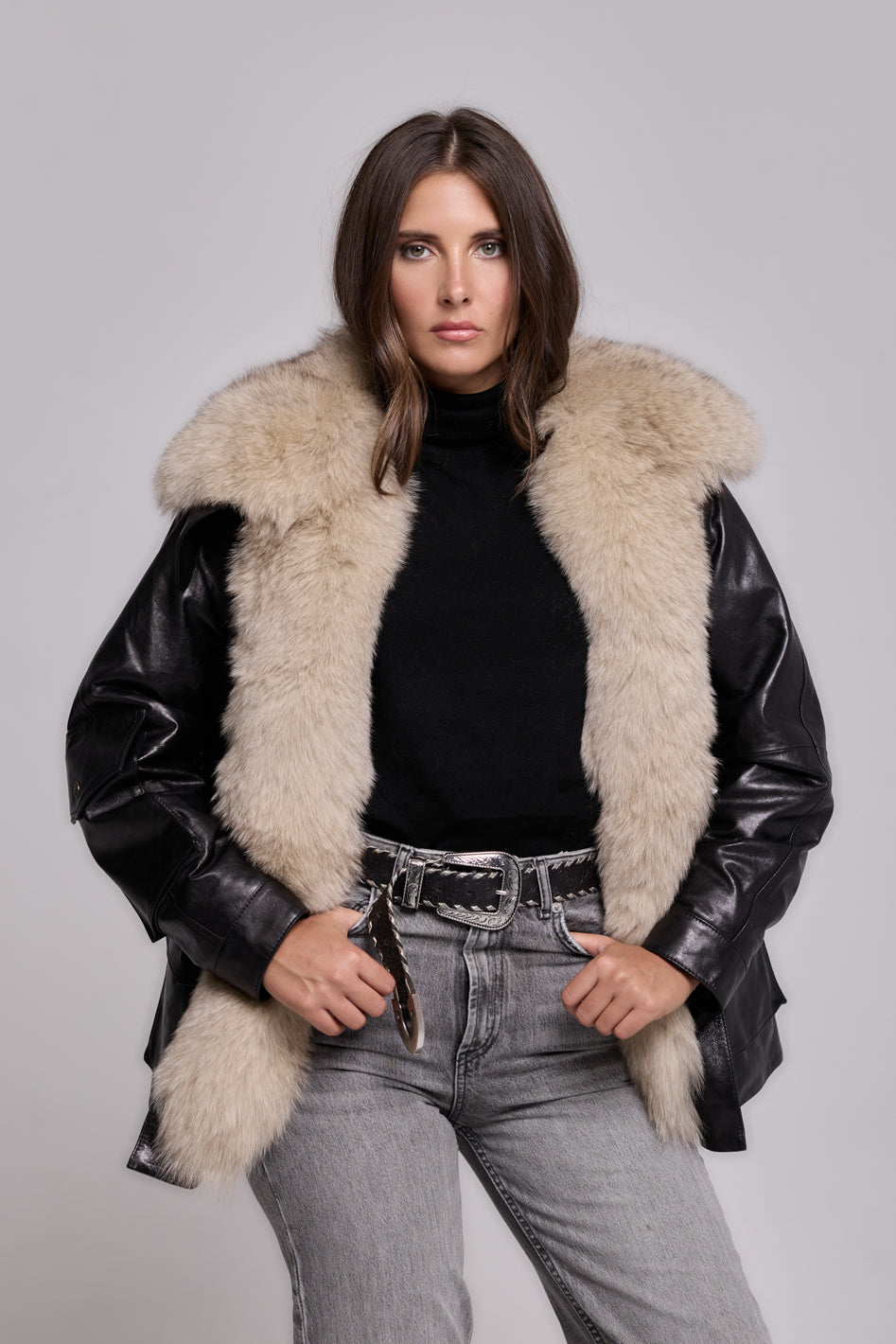 Army Leather Parka Black-Beige