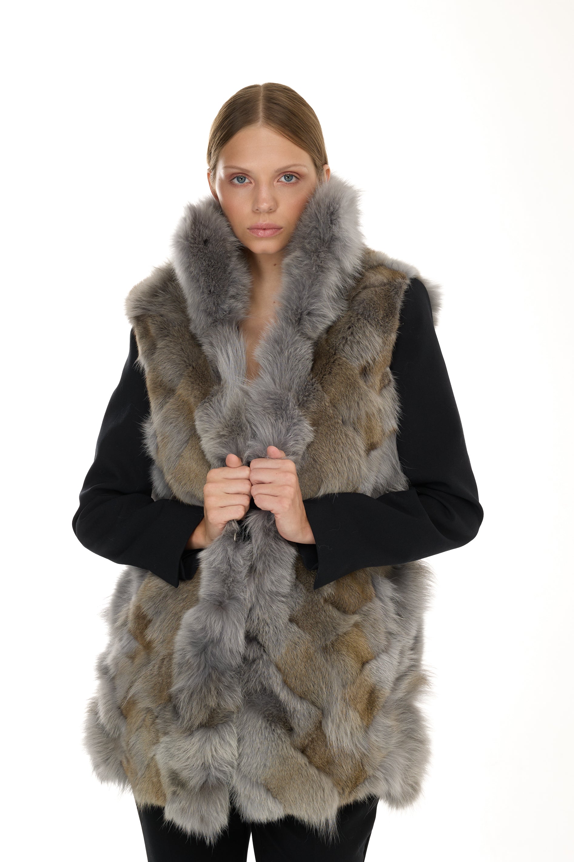 Parka Elegant GREY con Collo Alto e Gilet in pelliccia Removibile