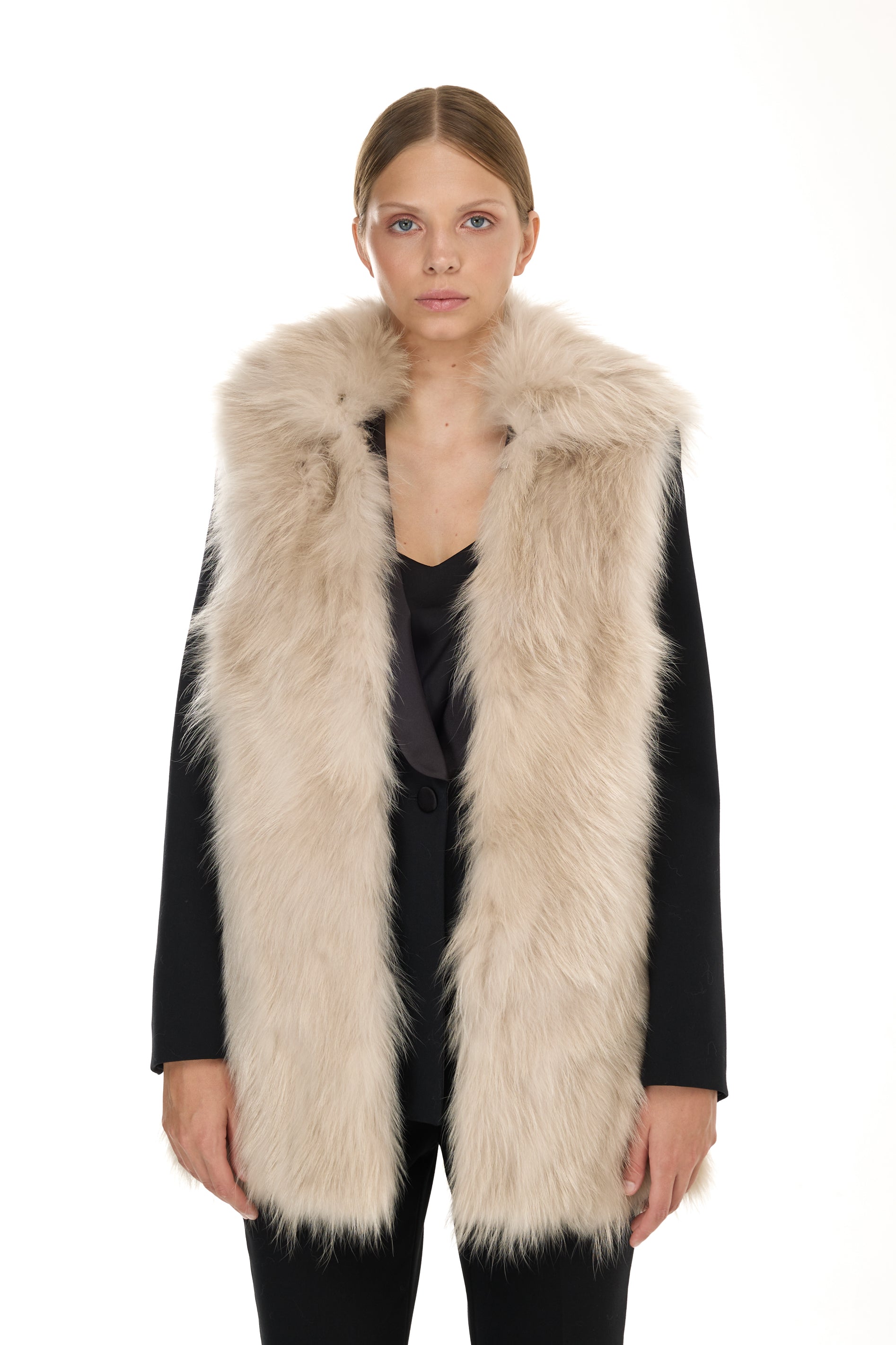 Elegant BEIGE Parka with High Collar and Removable Fur Vest